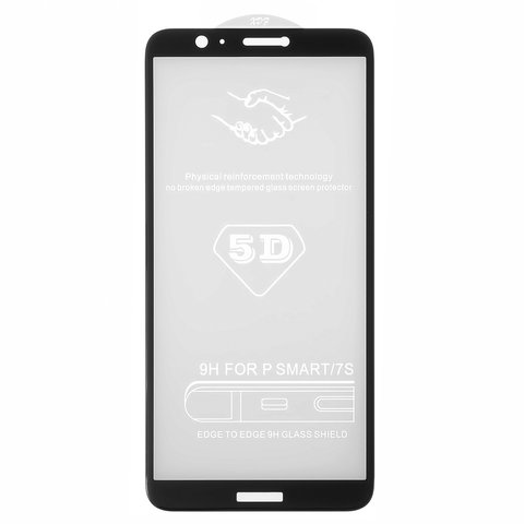 Tempered Glass Screen Protector All Spares compatible with Huawei Enjoy 7s, P Smart, 5D Full Glue, black, the layer of glue is applied to the entire surface of the glass 
