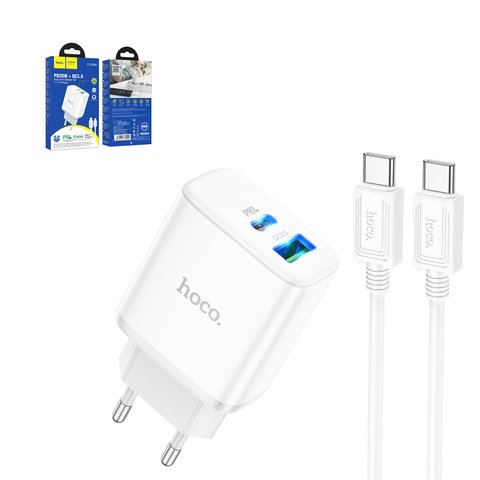 Mains Charger Hoco C105A, 20 W, Power Delivery PD , white, with cable USB type C to USB type C, 2 outputs  #6931474782922