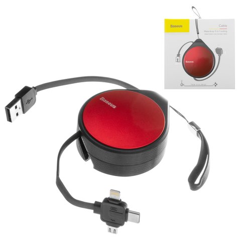 Universal USB Cable Baseus Waterdrop Scaling, sliding, flat, 3 in 1,  for phone charging , red, black, USB type A, USB type C, micro USB type B, Lightning, 1.5 A  #CAMLT EP09