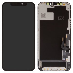 Pantalla LCD puede usarse con iPhone 12, iPhone 12 Pro, negro, con marco, HC, sin microchip, OLED , GX OEM hard