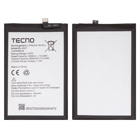 Batería BL 49JT puede usarse con Tecno Camon 17 Pro, Camon 18, Camon 18P, Spark 20 Pro KJ6 , Spark 30 Pro KL7 , Li Polymer, 3.87 V, 5000 mAh, Original PRC 