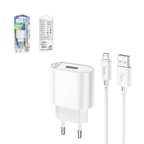 Мережевий зарядний пристрій Hoco C109A, 18 Вт, Quick Charge, білий, з micro USB кабелем тип В, 1 порт, #6931474784827
