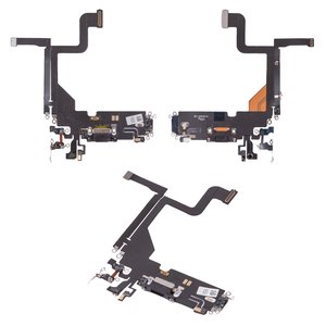 Шлейф для iPhone 13 Pro, конектора зарядки, чорний, з мікрофоном, з компонентами, High Copy, graphite