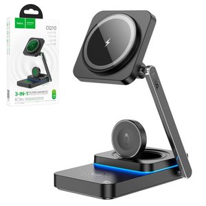 Беспроводное зарядное устройство Hoco CQ10 3 in 1, Fast Charge, черное, USB тип C, 15 Вт, раскладное, портативный, магнитное, #6942007618359